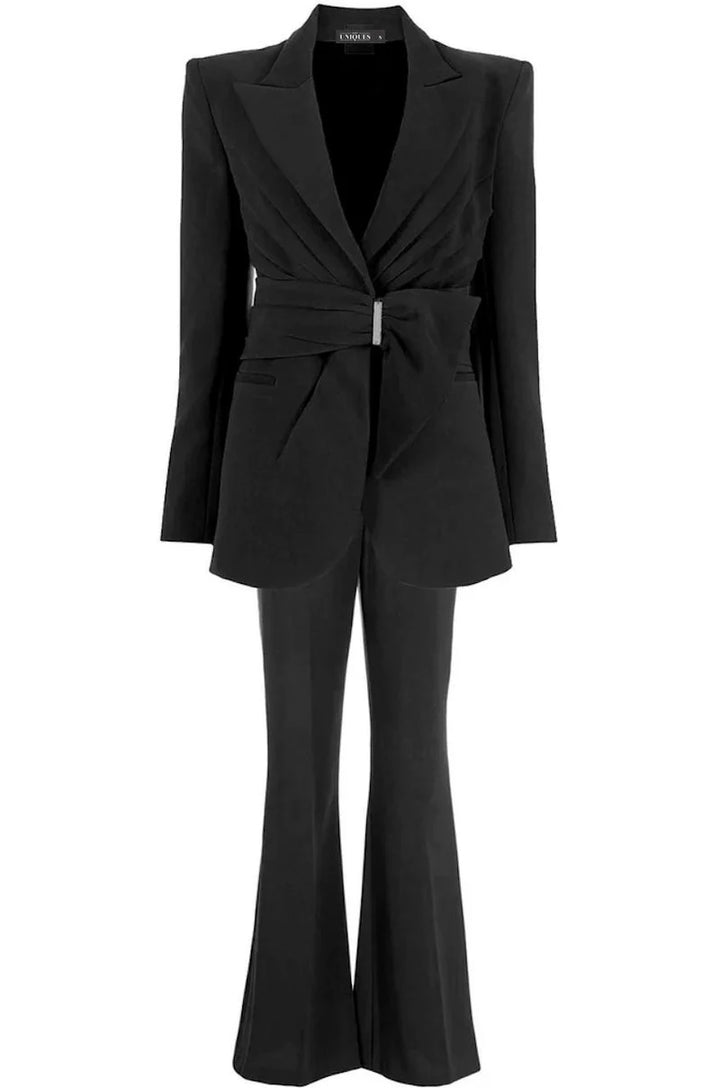 Draped belted blazer broekenset met uitlopende pijpen – Vronik 