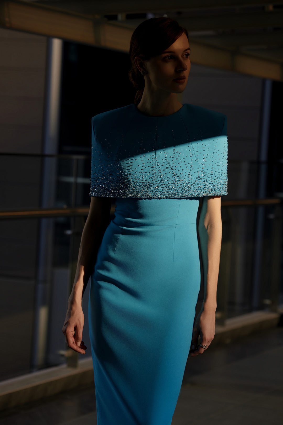 crystal-embellished cape-detail midi dress – OSEIL