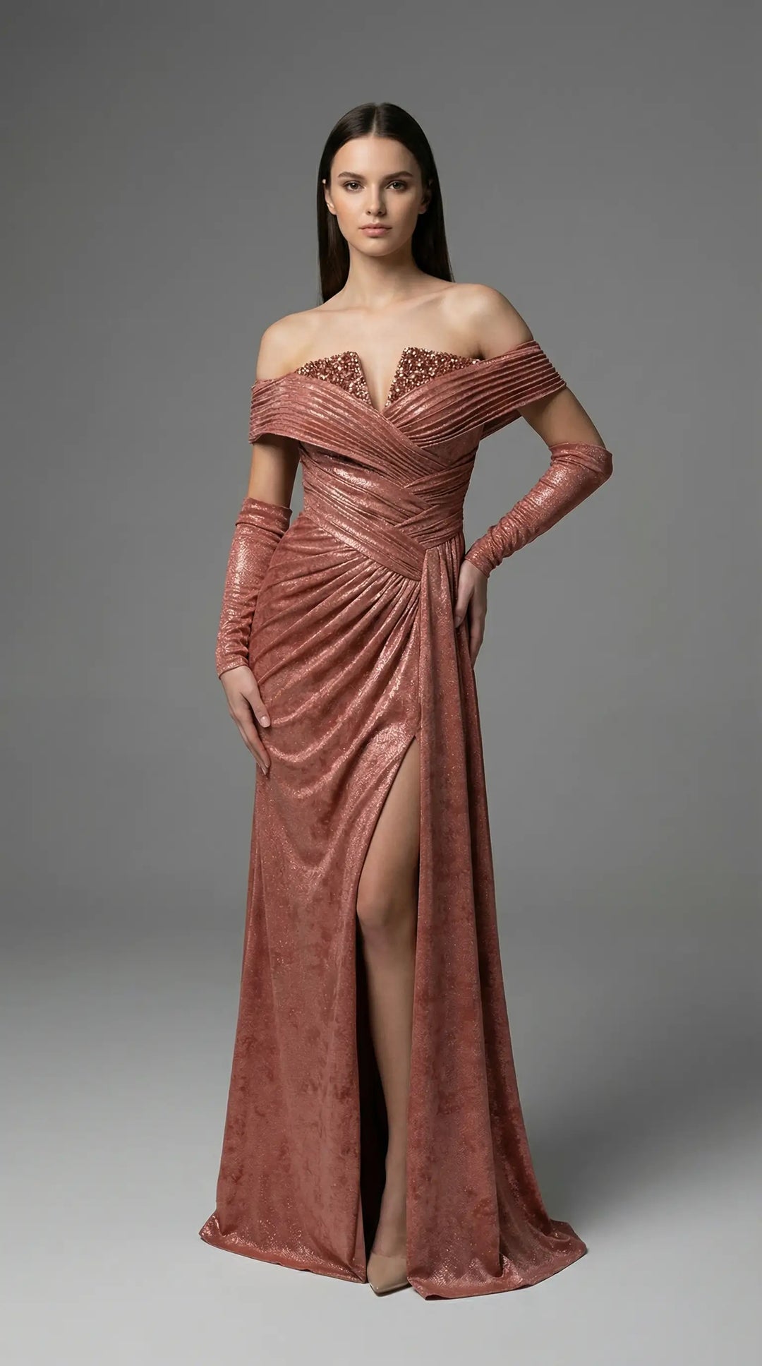 A shimmering, off-the-shoulder evening dress embellished with crystals 2436- JOLII
