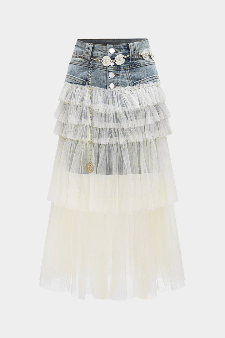 Denim Mesh Patchwork Mentalic Waist Chain Skirt
