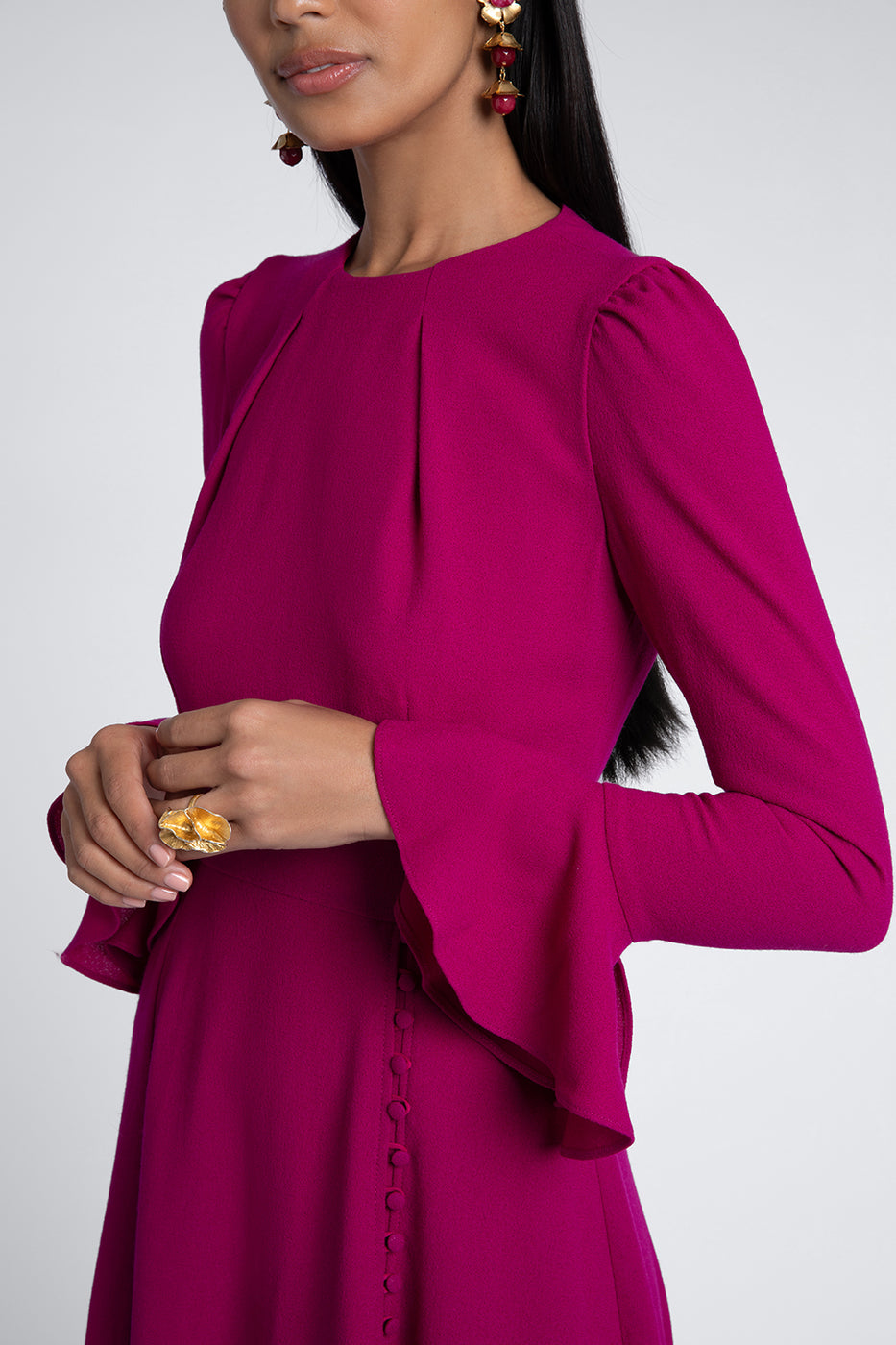 flared cuff midi dress with pleated bodice – SAIILA