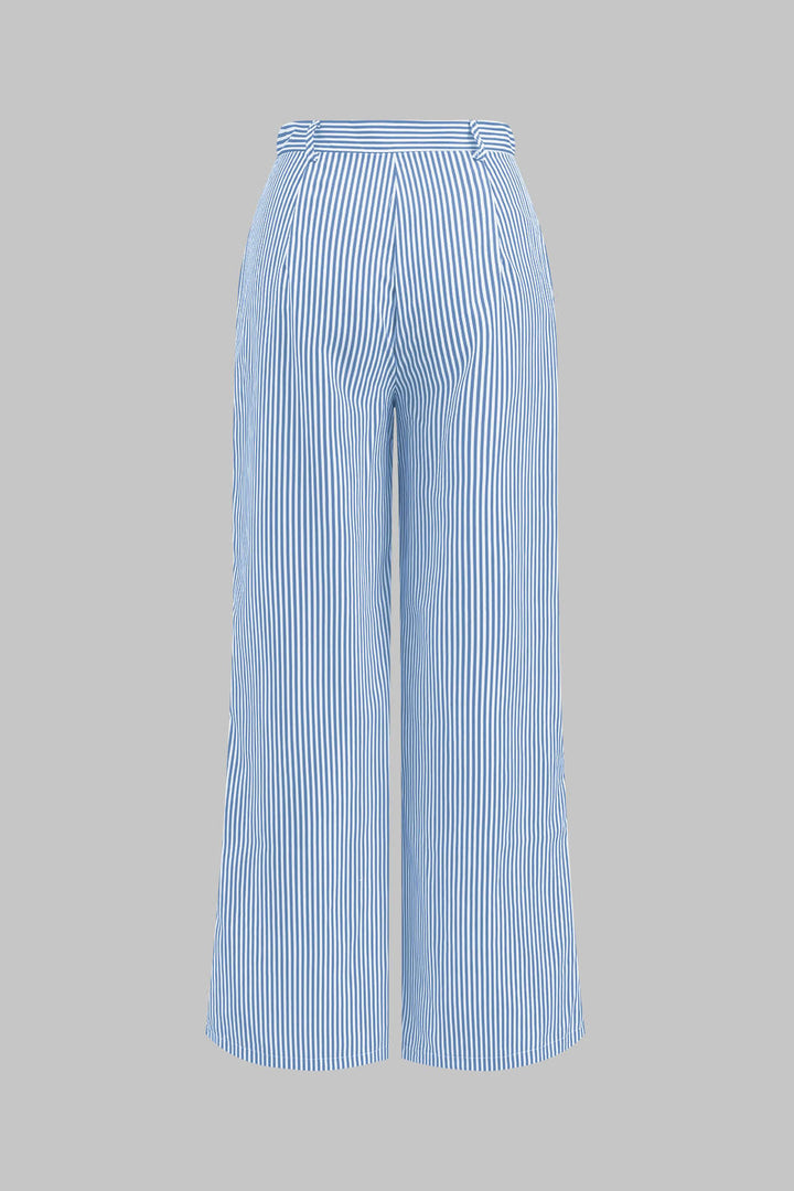 Stripe Print 3D Floral Short Sleeve Top And Button Wide Leg Trousers Set