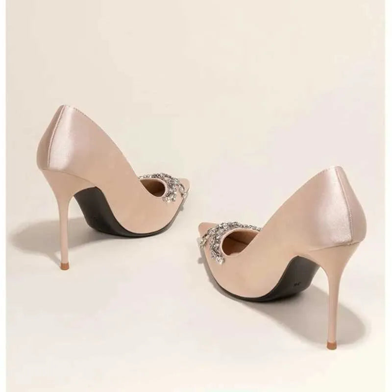 satin pointed-toe heels with crystal leaf embellishment – SERENABA