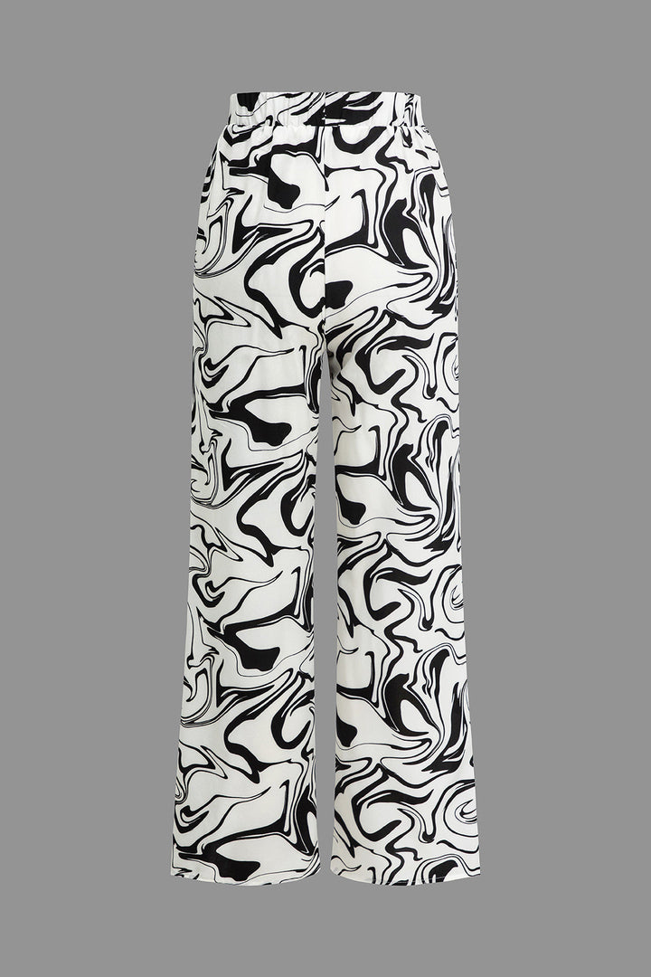 Marble Print High Waist Straight Leg Trousers