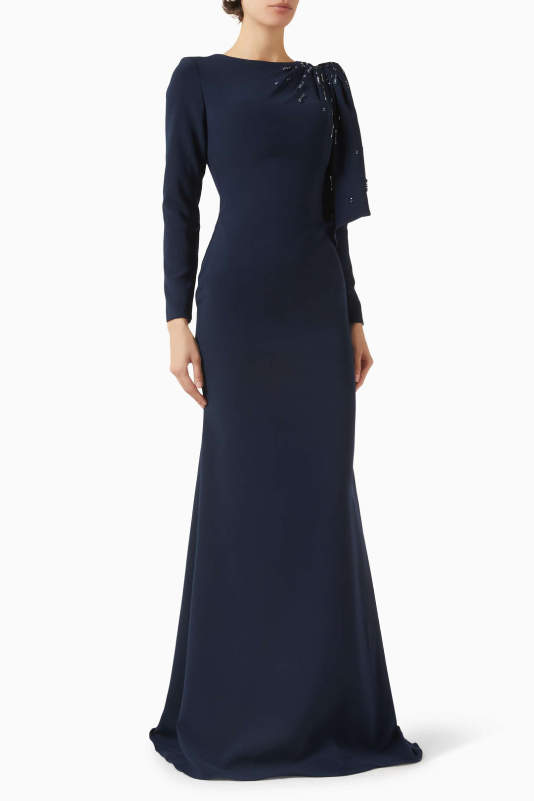 embellished draped-shoulder column gown – RUBINA