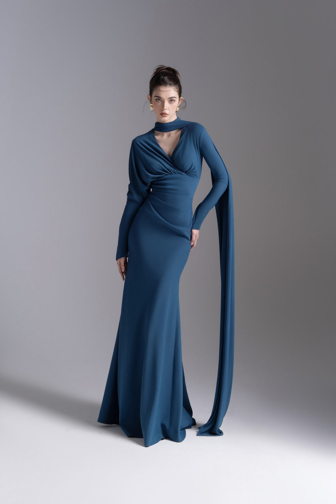 Draped V-neck gown with scarf detail – AURELIA