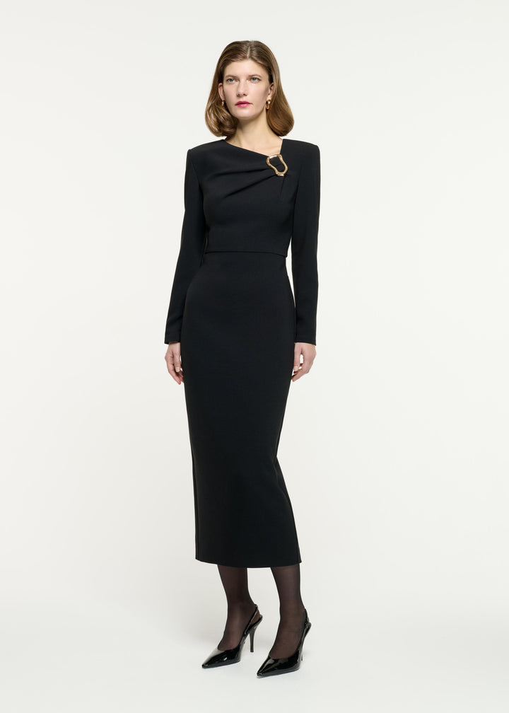 long-sleeve sheath dress with draped neckline detail – RUBINA