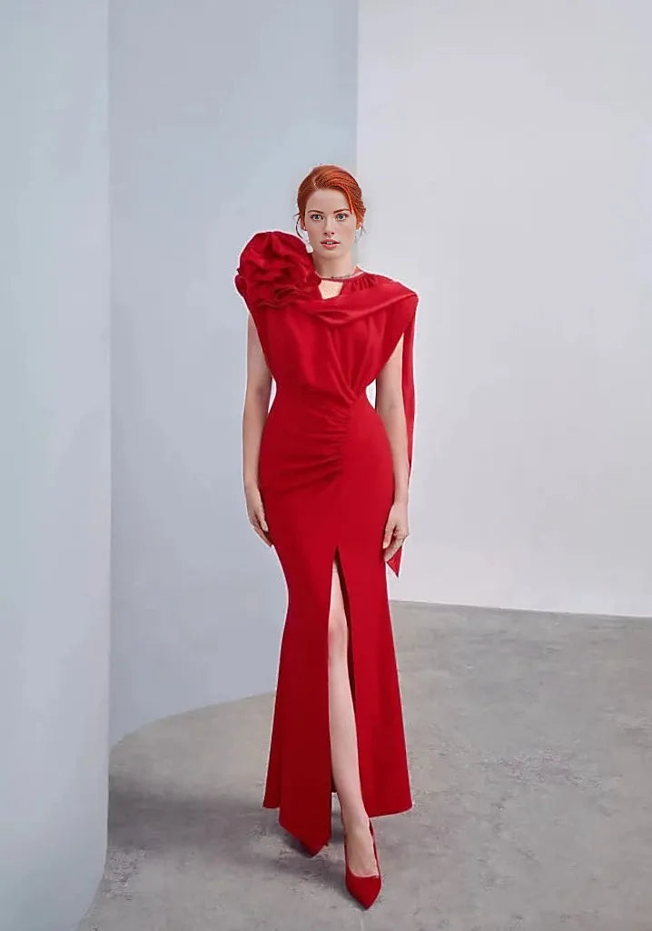 one-shoulder rosette slit gown – Rathan