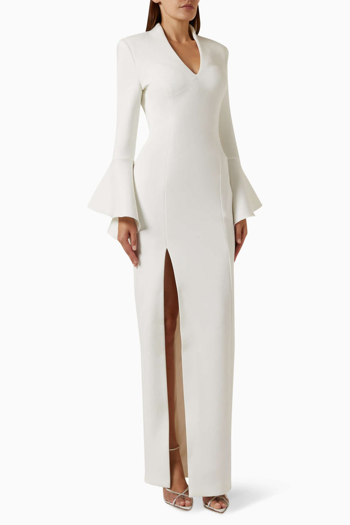 long-sleeve flared-cuff slit gown – IVORYS