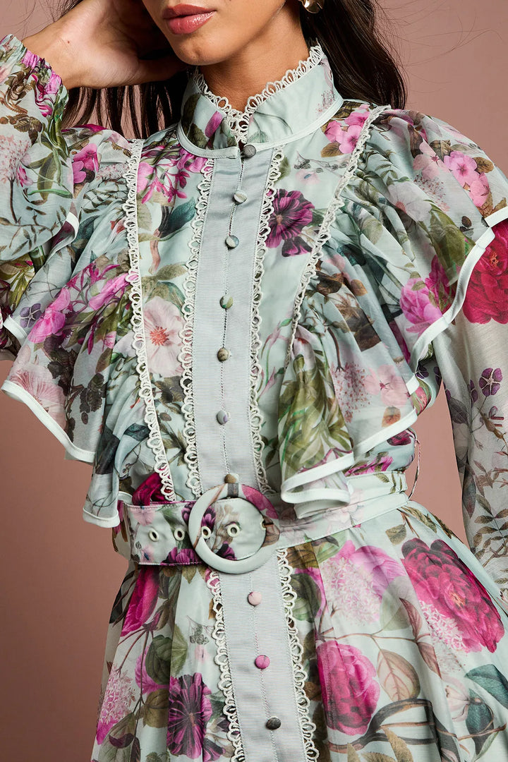 floral maxi dress with ruffled shoulders - ELARA