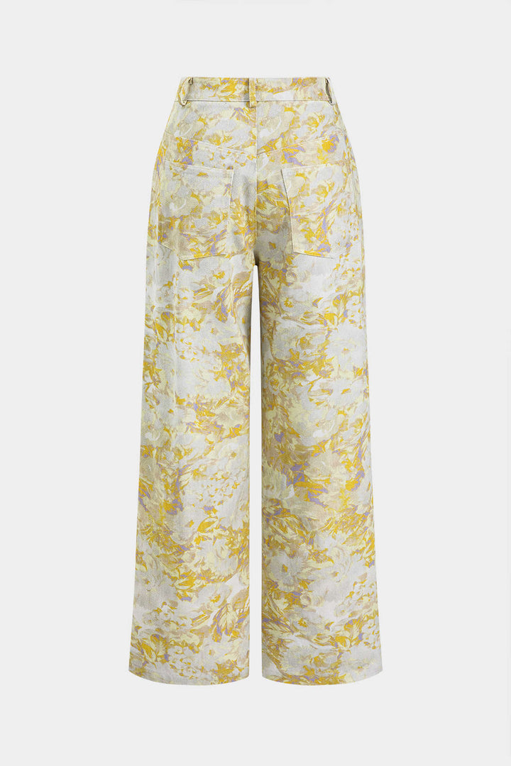 Abstract Print Denim Button Pocket Wide Leg Trousers