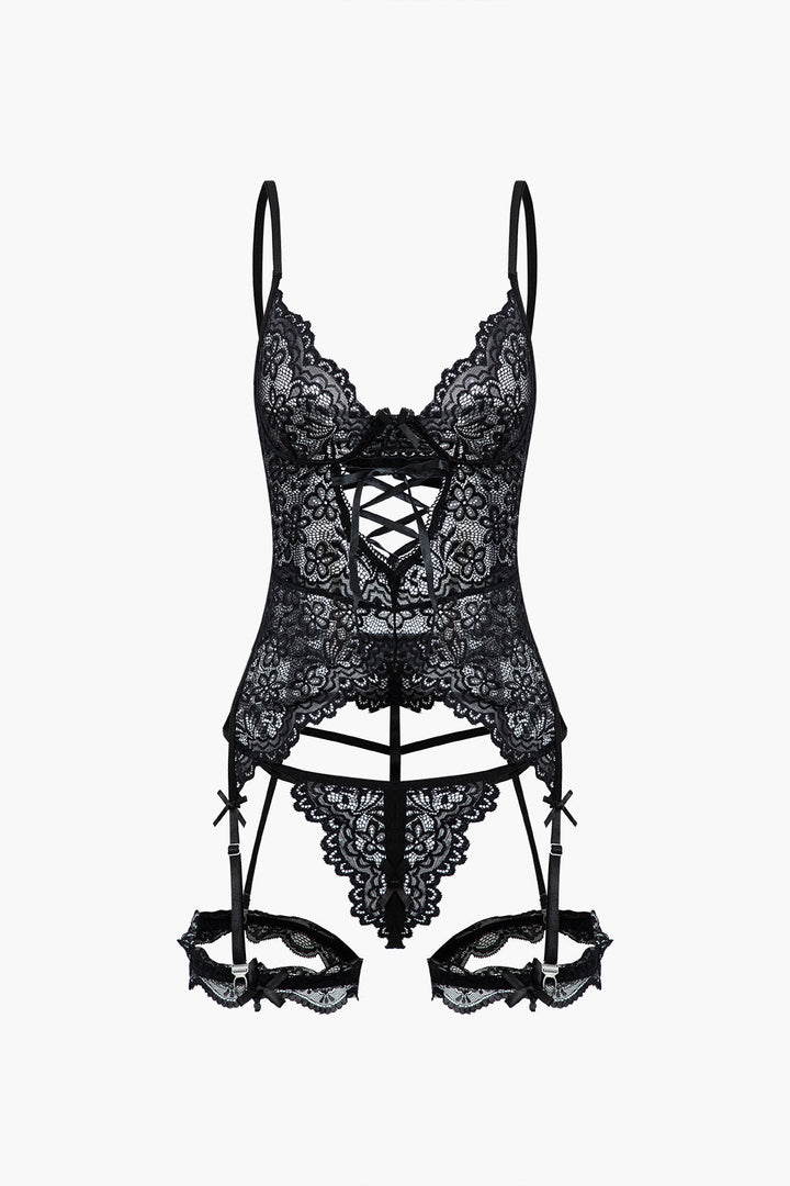 Solid Cut Out Lace Lingerie Garter Set