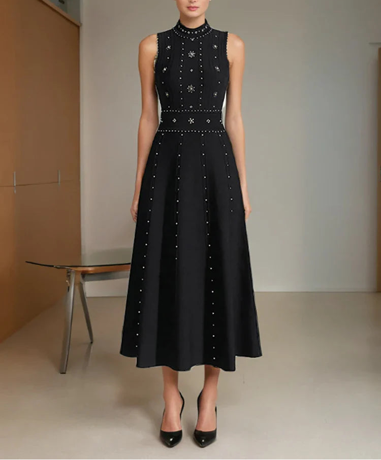 sleeveless embellished midi dress with high neckline – NOIRÉ