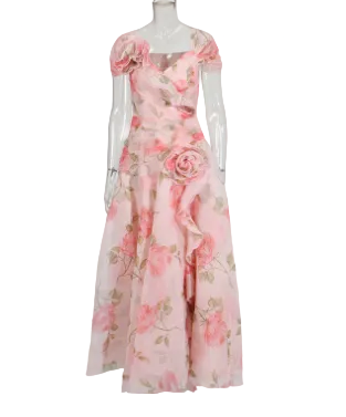 off-shoulder floral midi dress with rosette detail – ROSABELLE