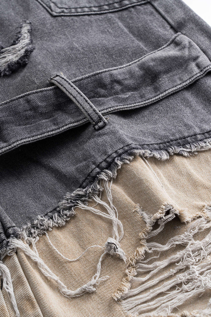 Denim Patchwork Ripped Button Pocket Jeans