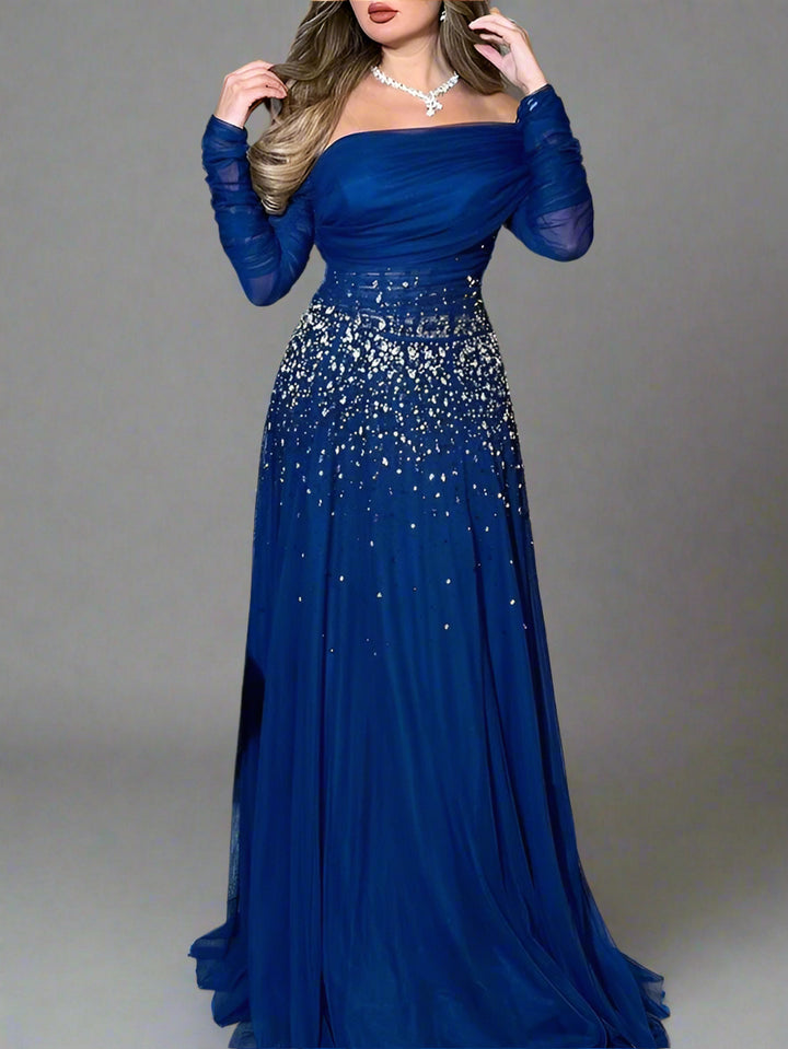 Off-shoulder tulle gown with crystal embellishments – STELLARA-1