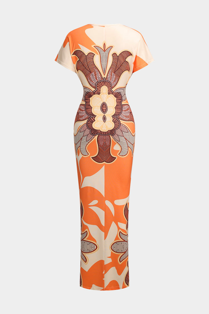 Geometric Leaves Print Ruched Short Sleeve Slit Midi Dress
