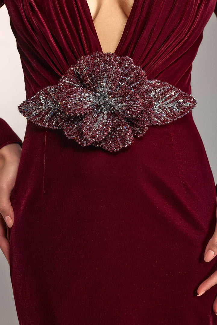 Velvet gown with crystal flower embellishment – RUBINA