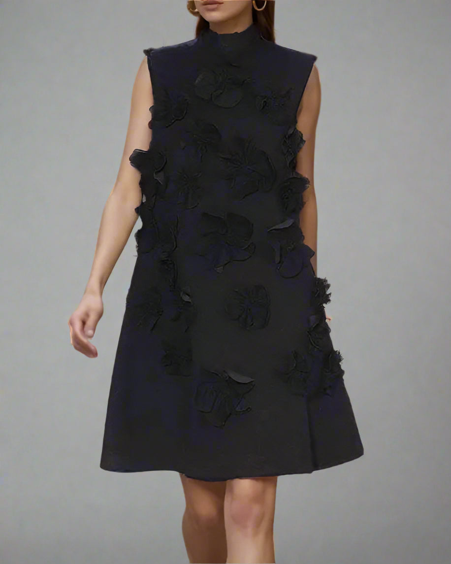 Sleeveless A-line mini dress with 3D floral appliqués – BLOOMZI