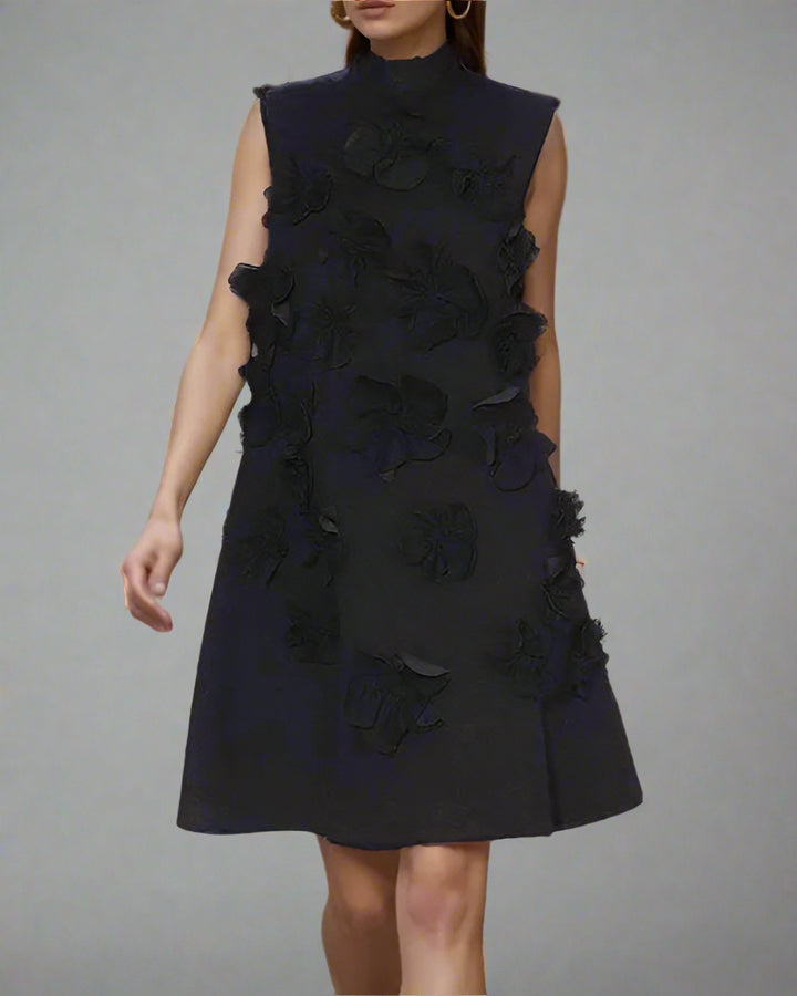 Sleeveless A-line mini dress with 3D floral appliqués – BLOOMZI