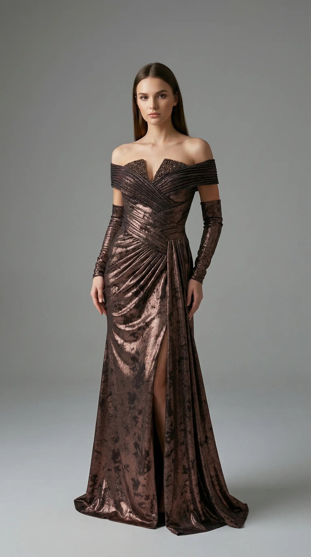 A shimmering, off-the-shoulder evening dress embellished with crystals 2436- JOLII