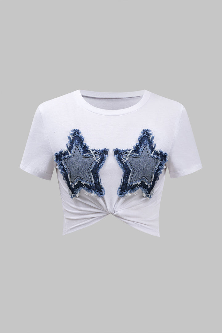 Star Frayed Patchwork Twsit Knot Short Sleeve T-Shirt