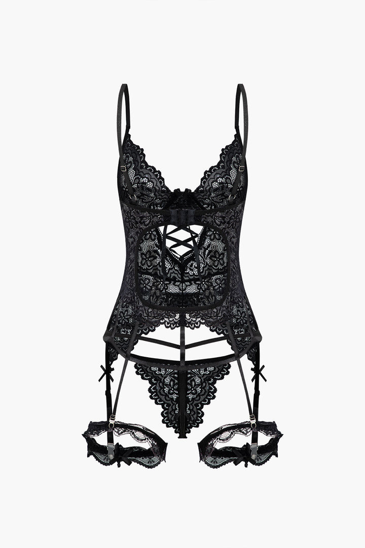 Solid Cut Out Lace Lingerie Garter Set