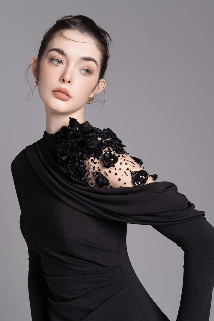 Asymmetric embellished shoulder gown – NOCTURNE