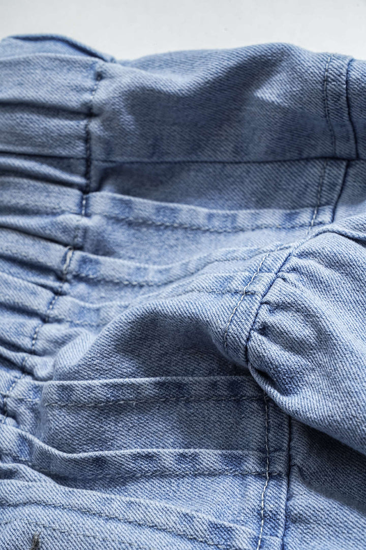 Denim Ruched Button Tie Front Pocket Flared Leg Jeans