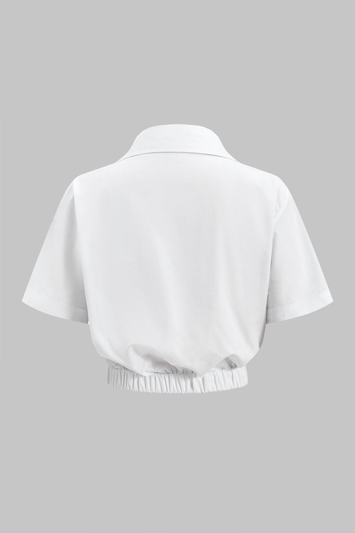 Rhinestone Ruched Button Pocket Short-Sleeve Shirt