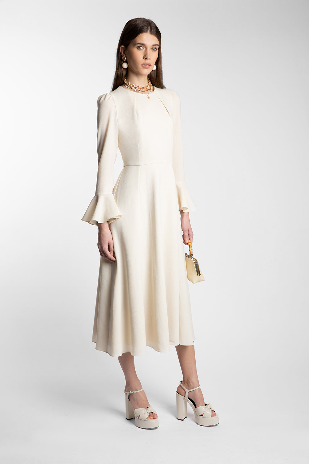 flared cuff midi dress with pleated bodice – SAIILA