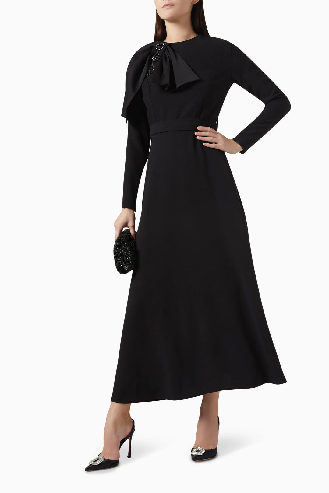 long-sleeve gown with bow-shoulder detail – VIVIENNE