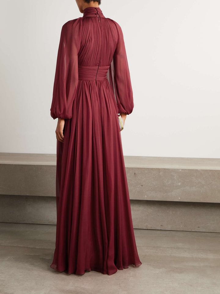 pleated chiffon gown with bishop sleeves – MARQUESA