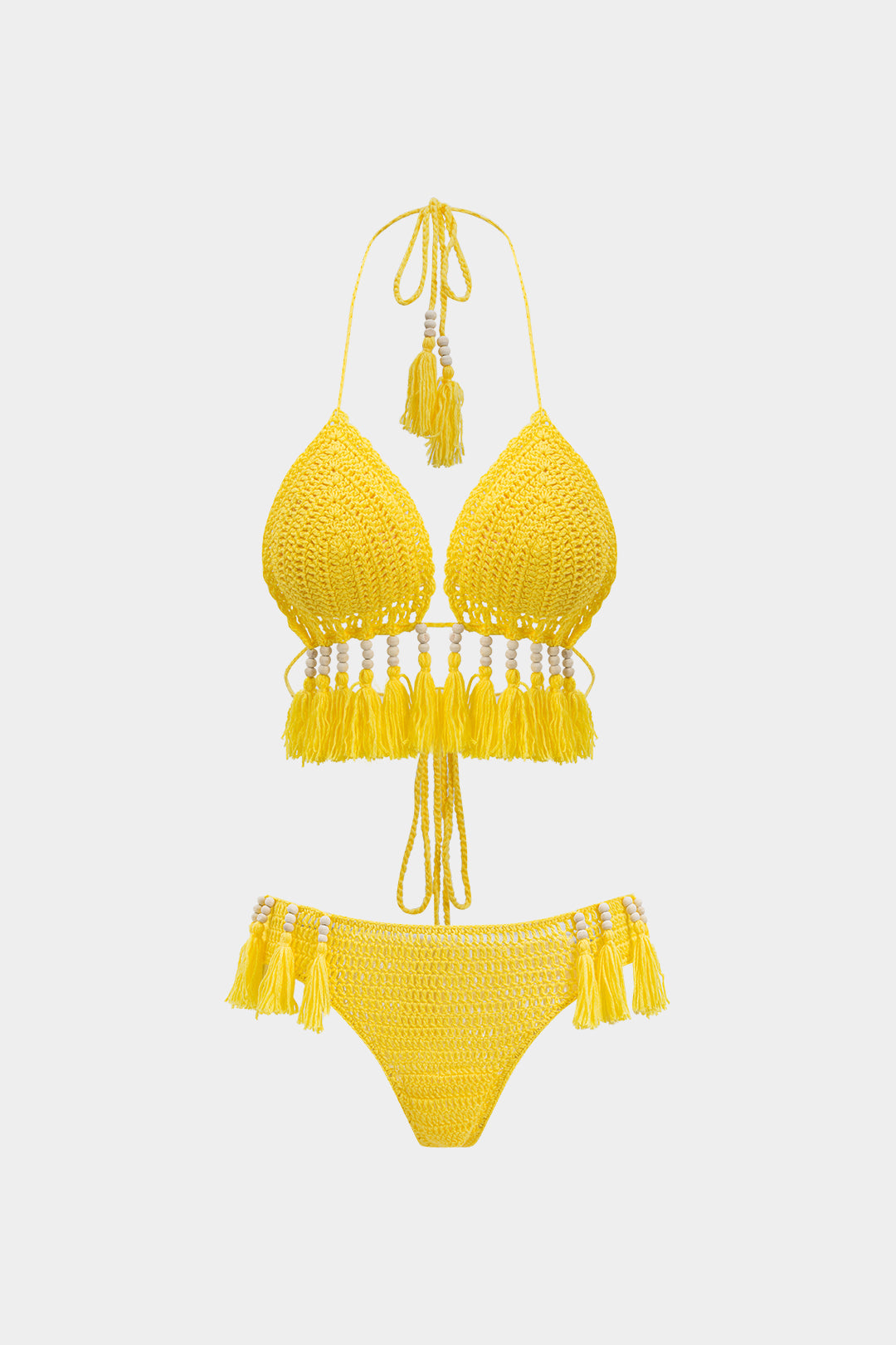 Tie Up Backless Fringe Beaded Bikini Set