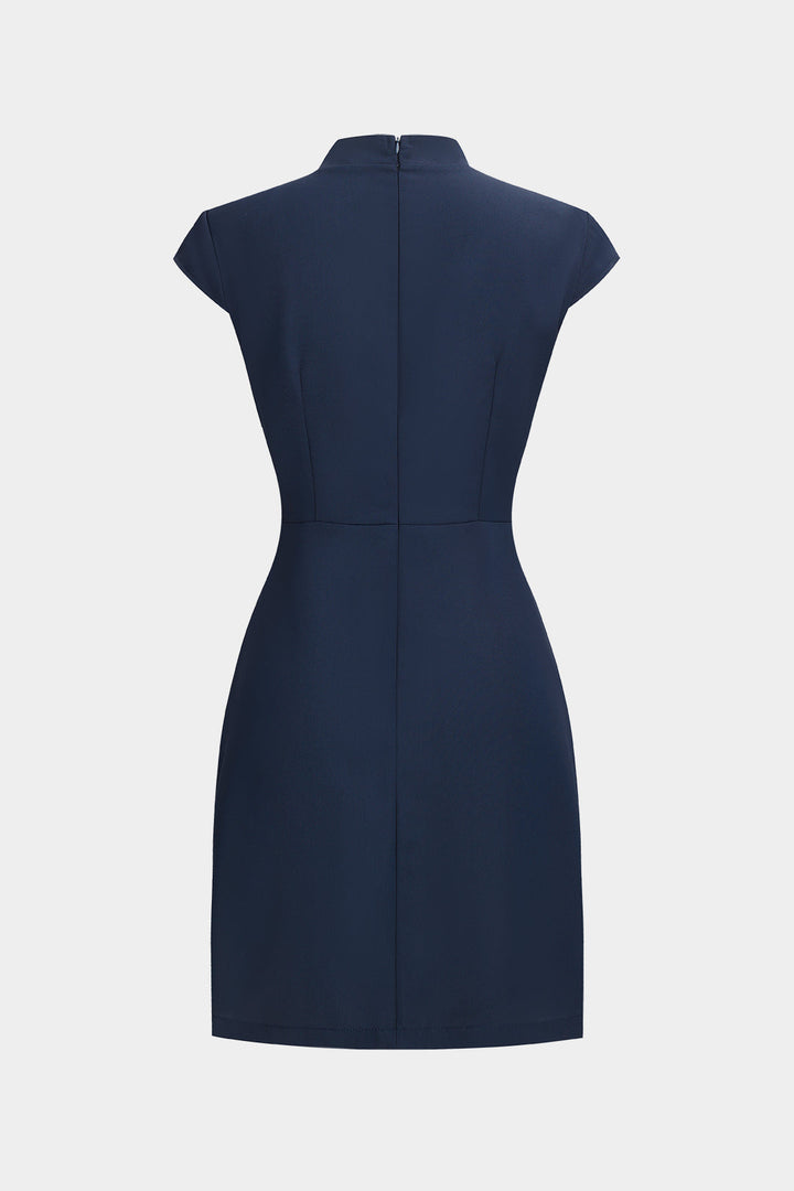 Button Pleated Zipper Short Sleeve Mini Dress