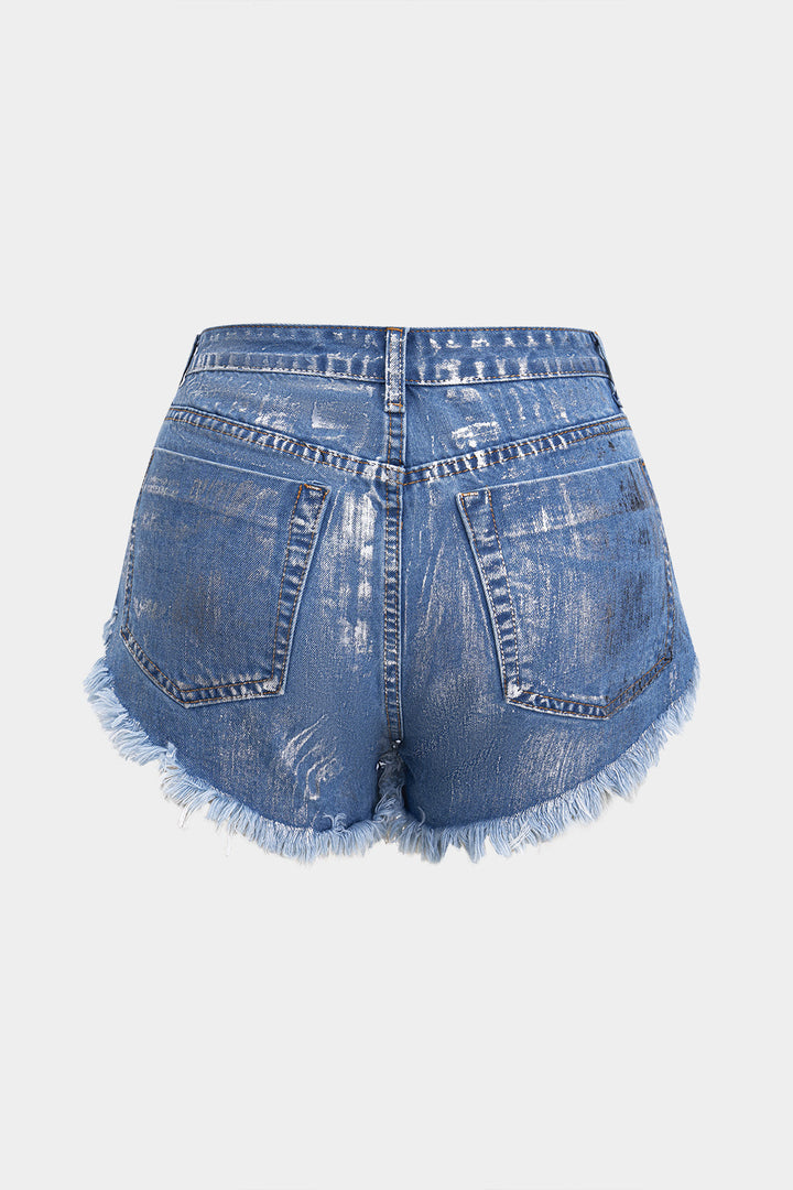 Denim Metallic High Waist Studded Shorts