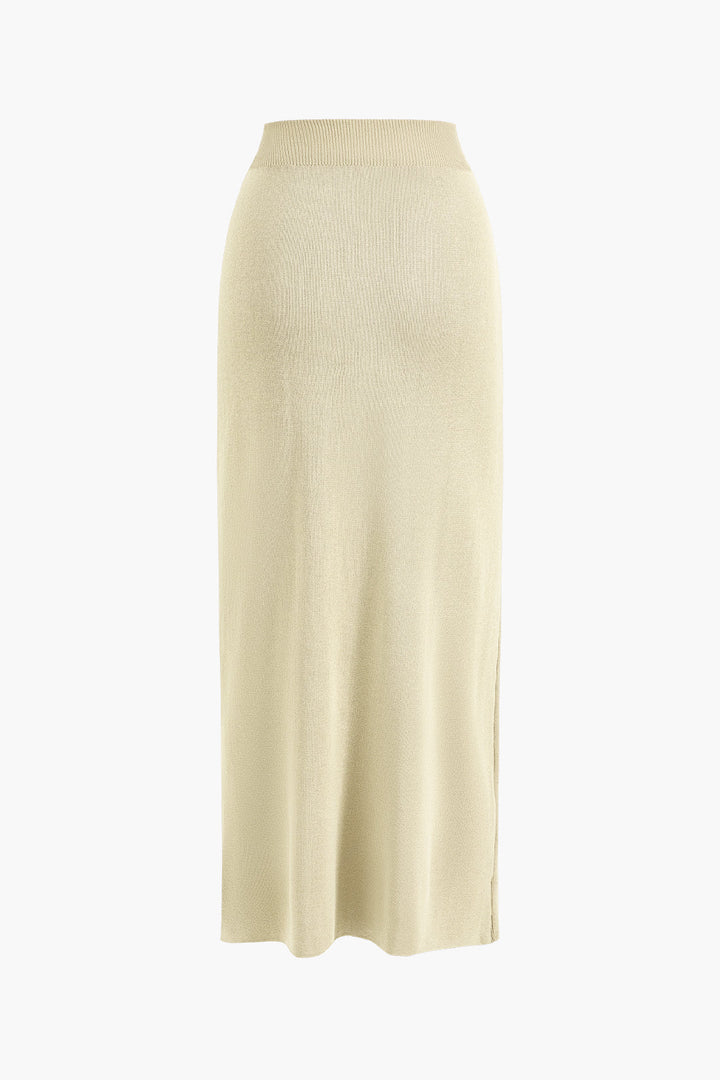 Cropped Button-Up Knit Top And Maxi Skirt Set