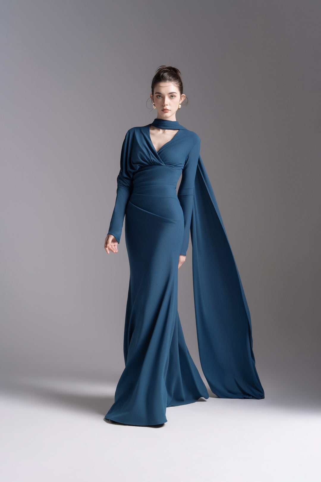 Draped V-neck gown with scarf detail – AURELIA