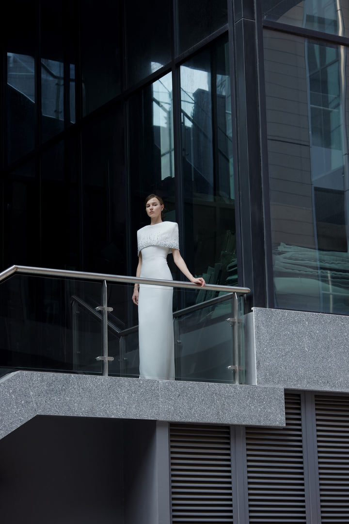 embellished cape-detail column gown – QOLEII
