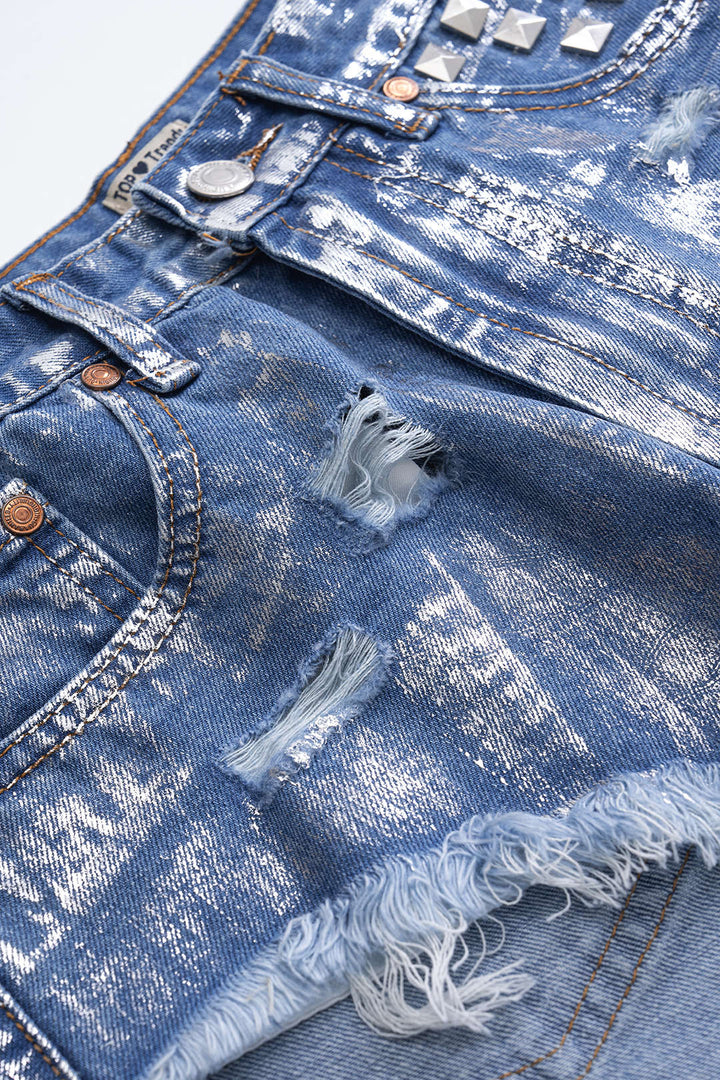 Denim Metallic High Waist Studded Shorts