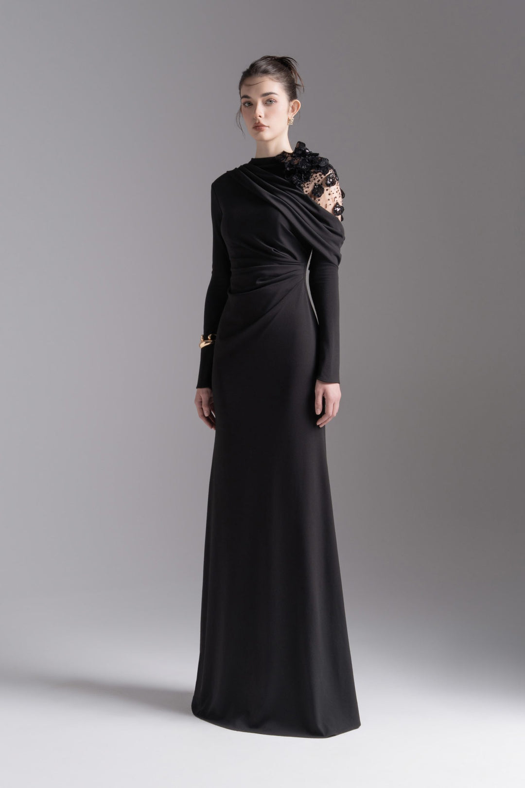 Asymmetric embellished shoulder gown – NOCTURNE