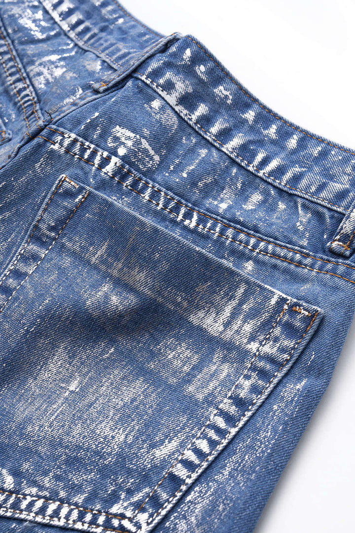 Denim Metallic High Waist Studded Shorts