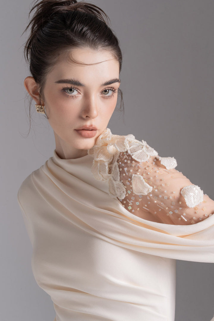 Asymmetric embellished shoulder gown – NOCTURNE