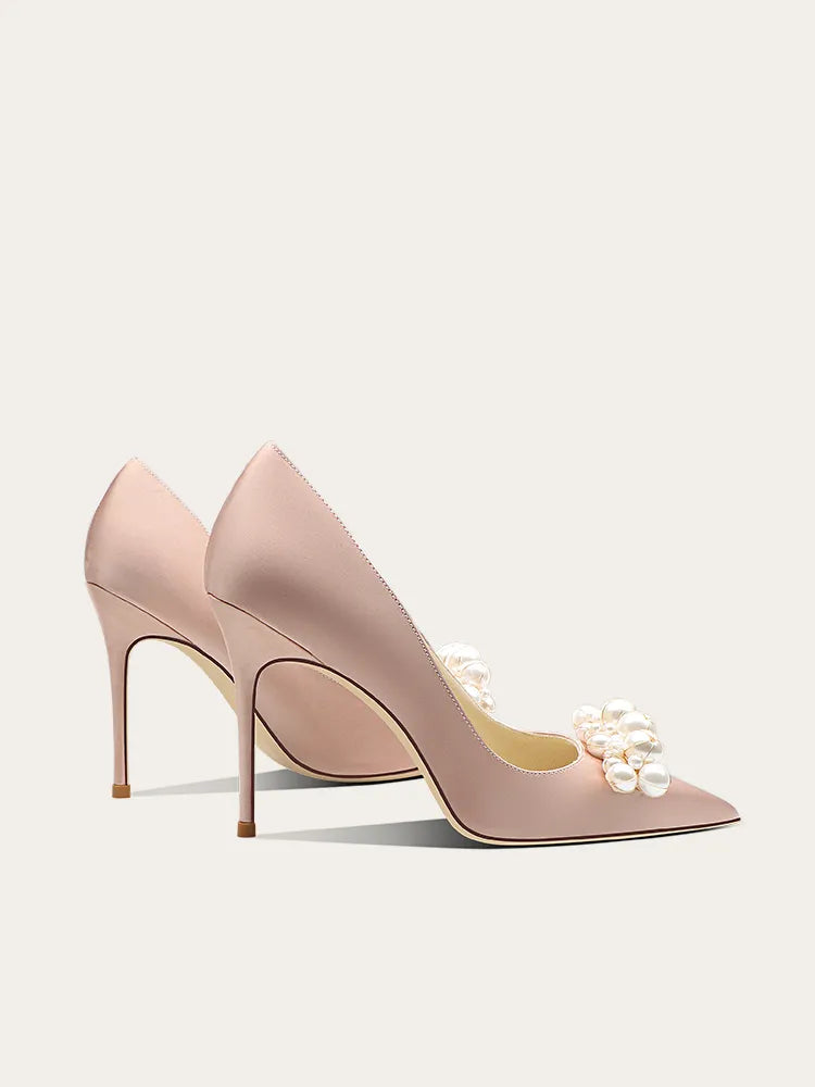 satin pointed-toe heels with crystal leaf embellishment – SERENATA