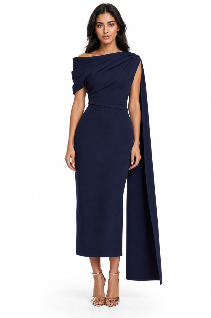 Draped Off-Shoulder Midi Dress - Midnight