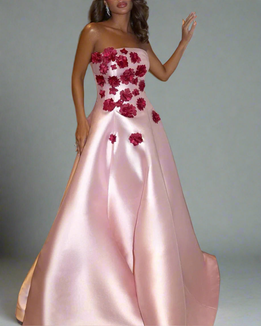 Strapless A-line gown with floral appliqué bodice – BLOSSOM