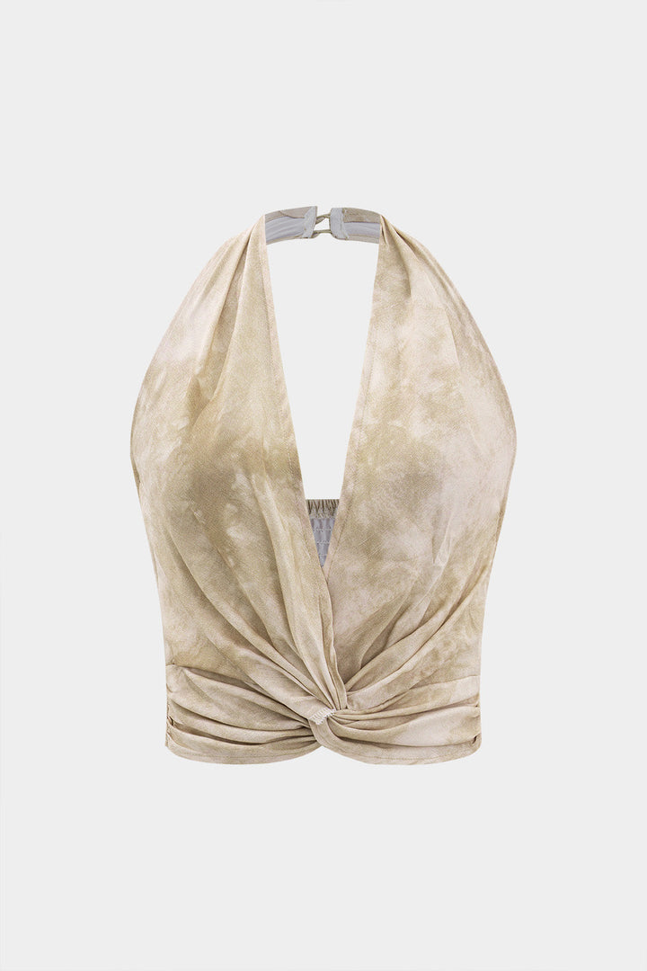 Tie Dye Linen Backless Sleeveless Halter Neck Top And High Waist Wide Leg Pants Set