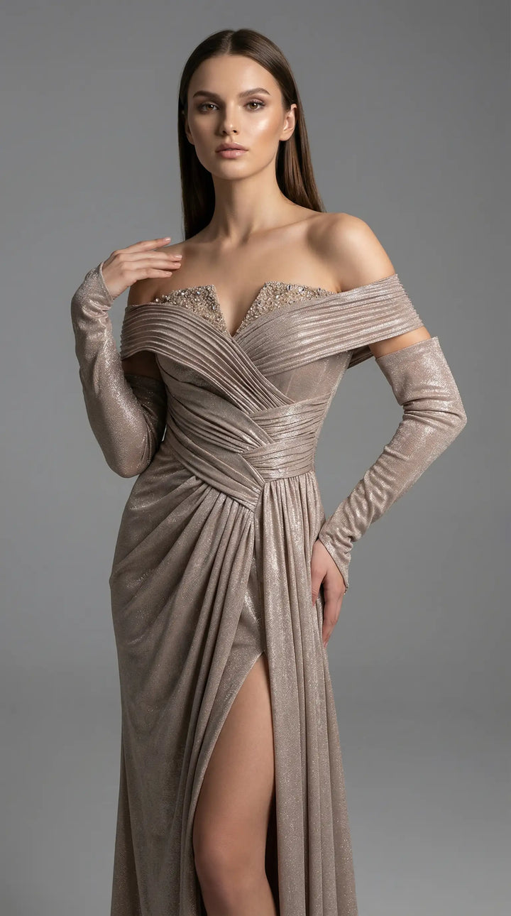 A shimmering, off-the-shoulder evening dress embellished with crystals 2436- JOLII