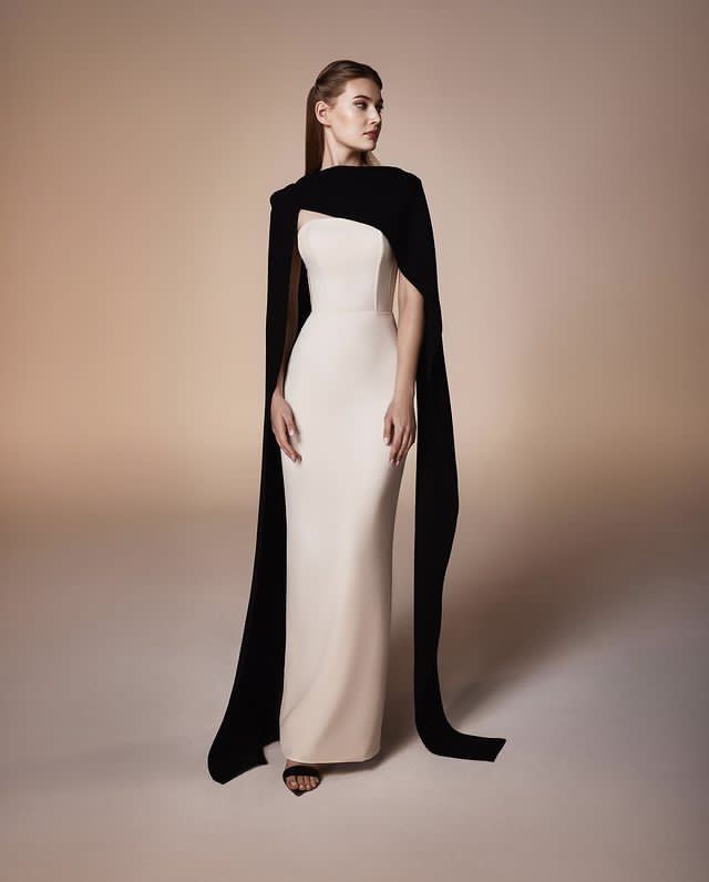 Strapless column gown with contrast cape – Ranen
