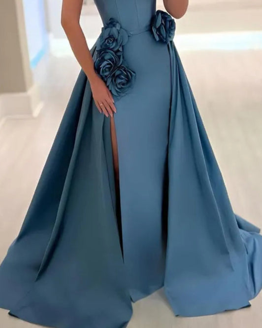 Strapless A-line gown with floral appliqué and front slit – AZURE-1